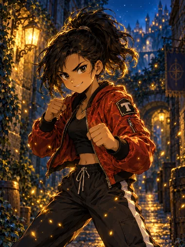 Tami, con chaqueta bómber roja y el puño en alto